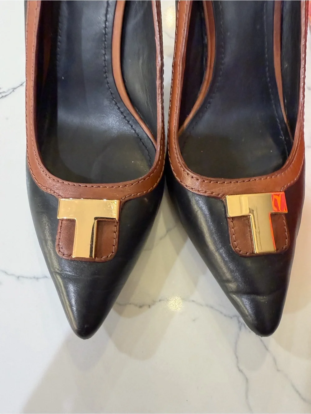 Tory Burch Black & Brown Pointed Toe Logo Pumps